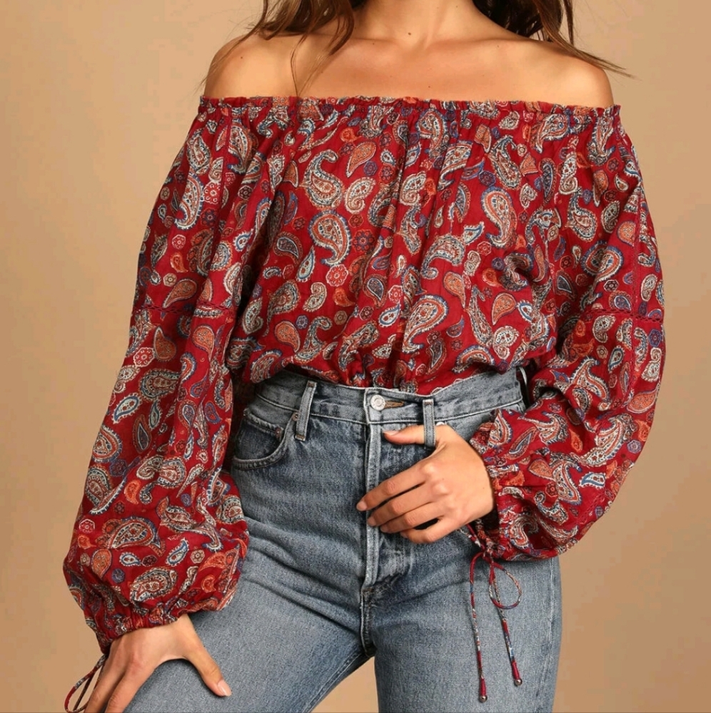 Free People Sundown Off Shoulder Peasant Bodysuit L Red Floral